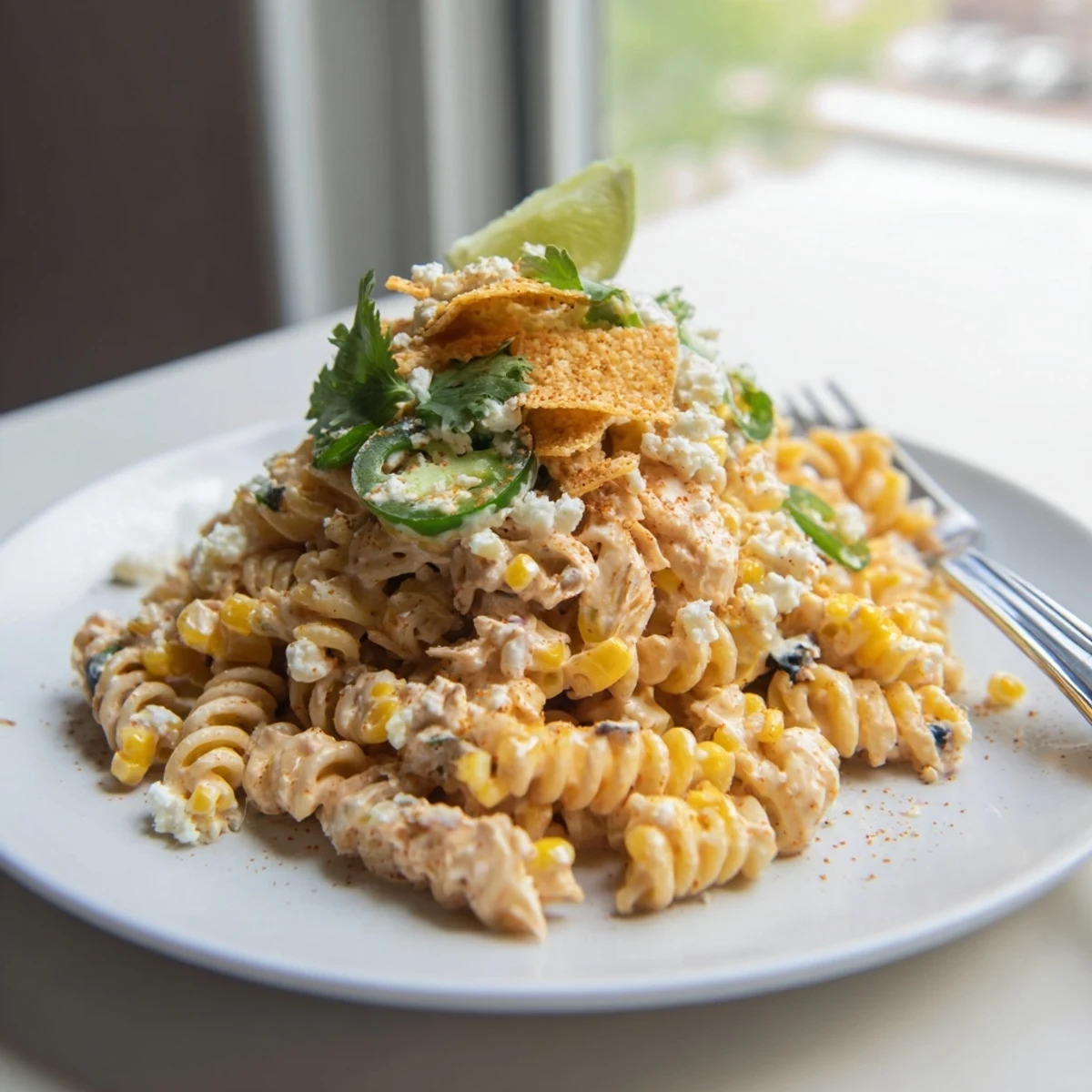 Creamy elote style Mexican street corn chicken pasta salad topped with crushed tortilla chips and fresh cilantro