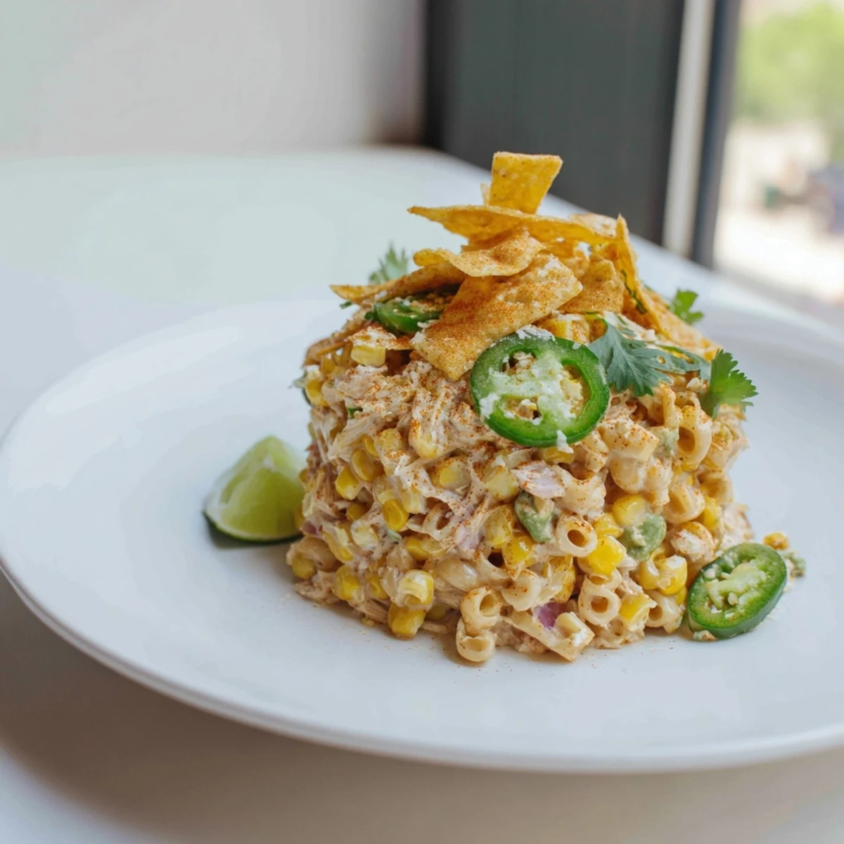 Golden charred corn and tender chicken tossed in a zesty creamy elote style Mexican street corn pasta salad