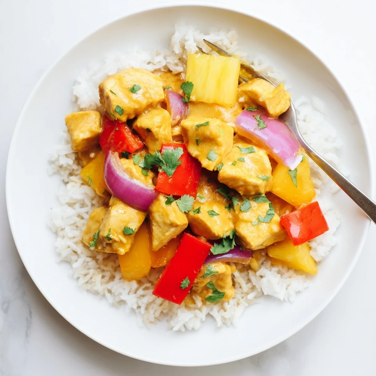 Golden coconut-lime chicken with colorful bell peppers and pineapple in a creamy sauce