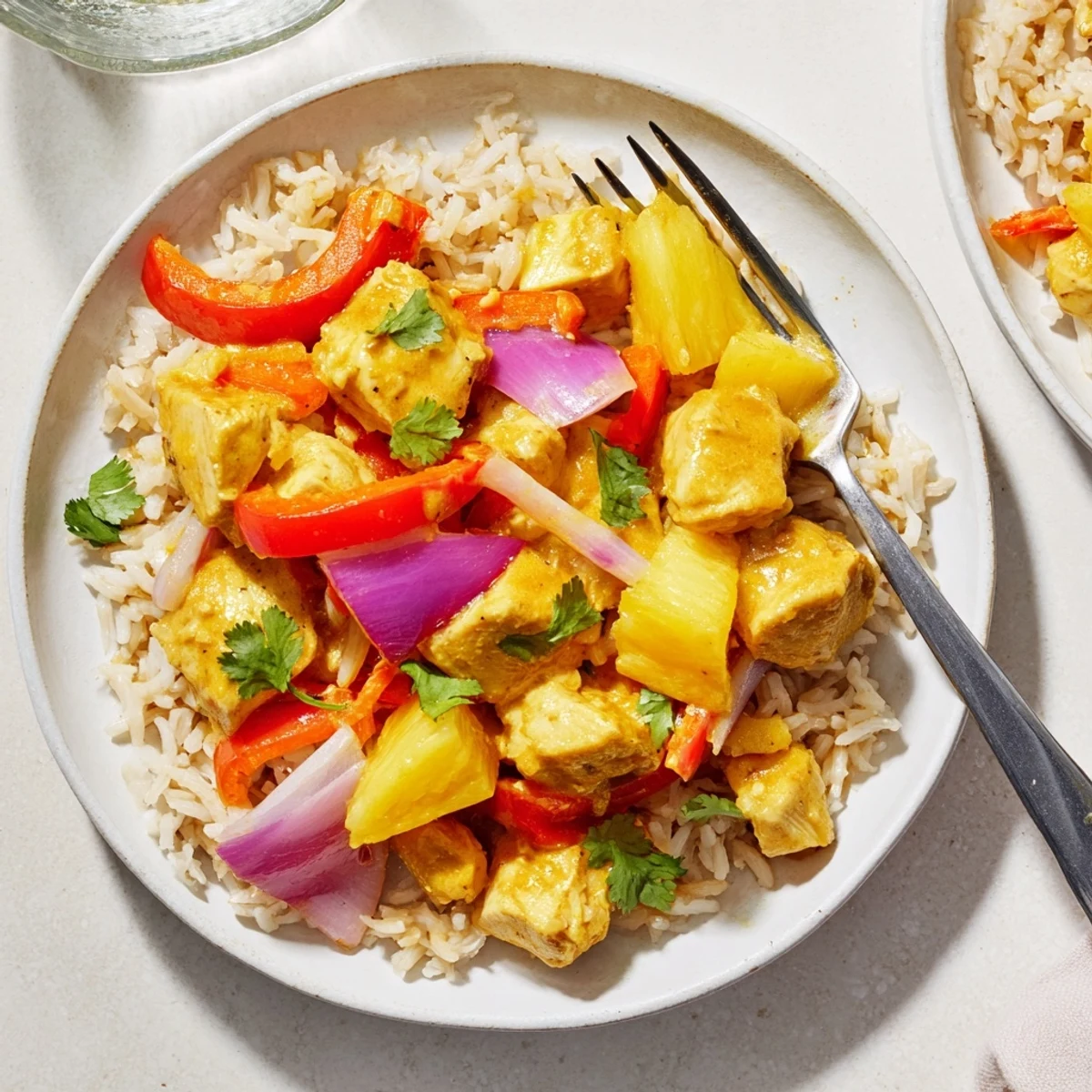 Tropical Dinner Delight served over jasmine rice with fresh cilantro and lime garnish