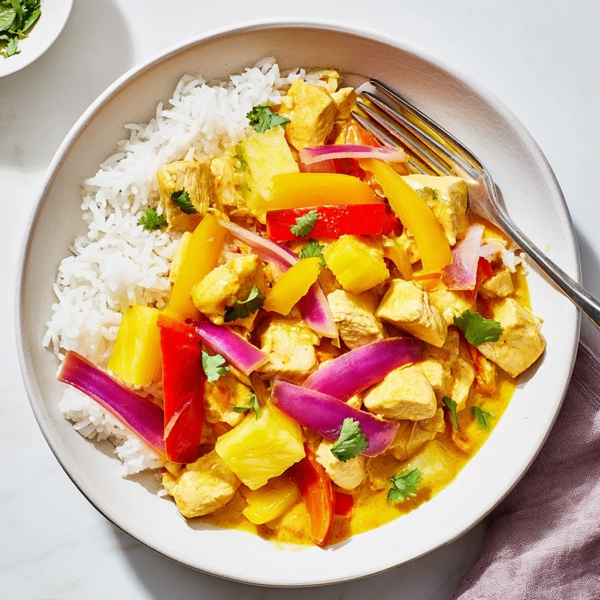 Juicy chicken chunks simmered in turmeric coconut sauce alongside vibrant peppers and diced pineapple