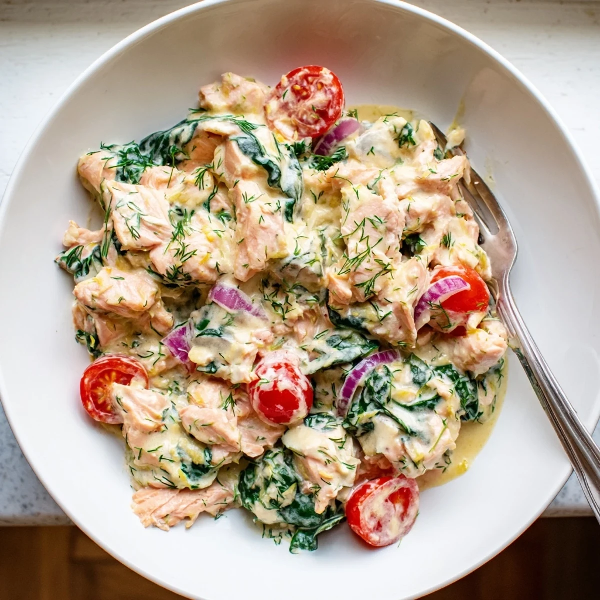 Creamy leftover salmon recipe in a skillet with spinach, tomatoes, and dill