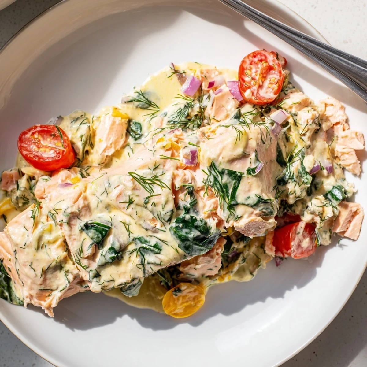 Healthy creamy leftover salmon recipe served warm over brown rice with parsley
