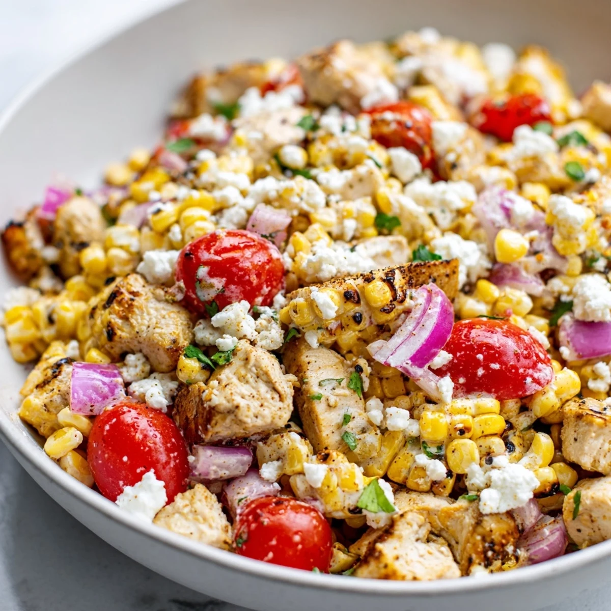 High Protein Chicken Street Corn Salad served in a rustic bowl with creamy cilantro lime dressing