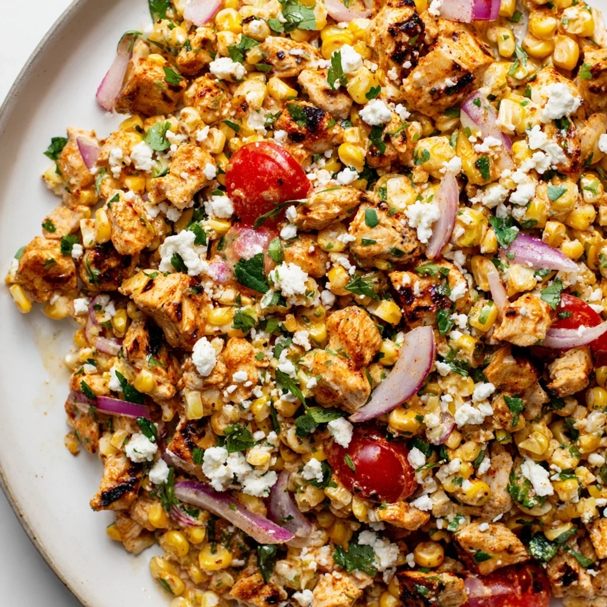 Colorful High Protein Chicken Street Corn Salad topped with crumbled cotija cheese and fresh herbs