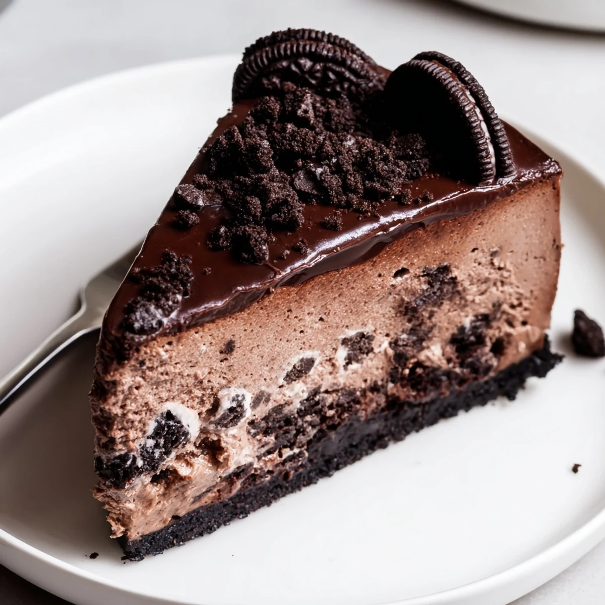 Creamy Oreo chocolate cheesecake topped with glossy ganache and crushed cookie pieces