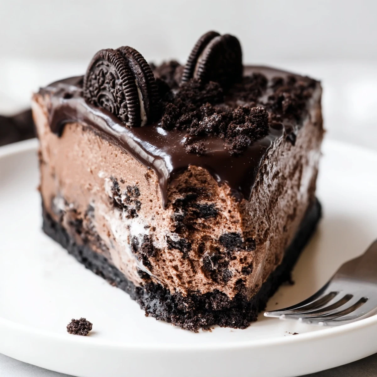 Decadent Oreo chocolate cheesecake drizzled with smooth ganache and garnished with halved cookies