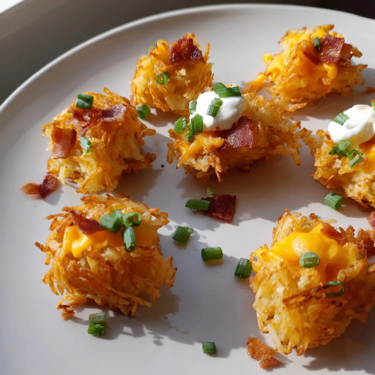 Cheesy loaded hashbrown bites fresh from the oven with melted cheddar
