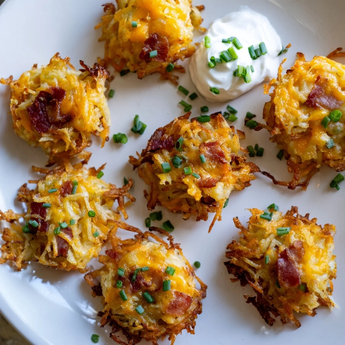 Golden crispy cheesy loaded hashbrown bites topped with bacon and green onions