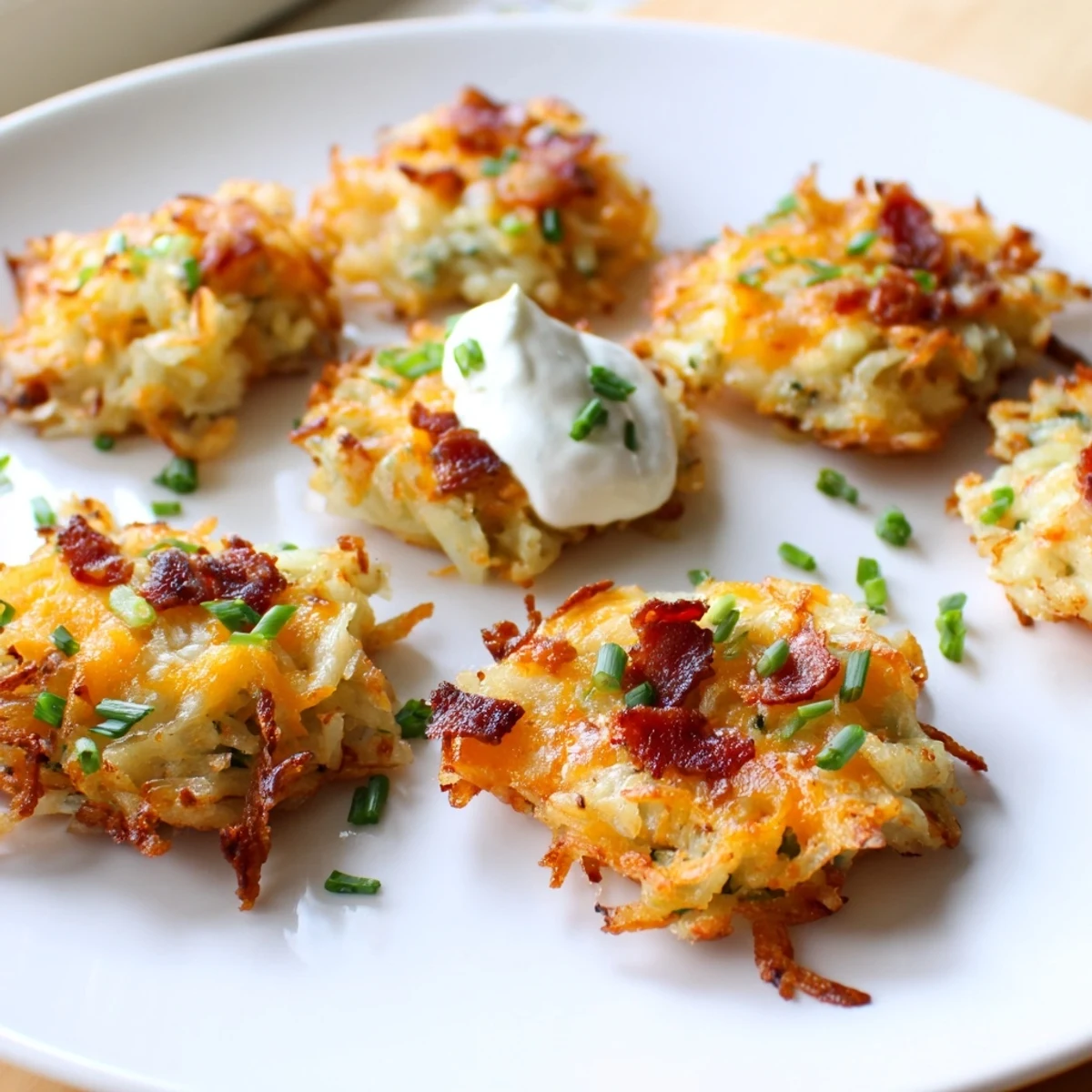 Mini muffin tin of cheesy loaded hashbrown bites served with sour cream