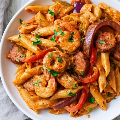 A hearty bowl of Spicy Jambalaya Pasta with Chicken and Shrimp, garnished with fresh parsley and lemon wedges, perfect for a family dinner.