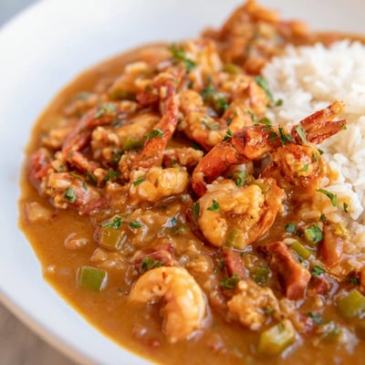 Golden crawfish tails peek through a rich, dark roux sauce in Crawfish Étouffée with Fluffy White Rice.