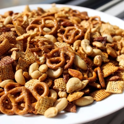 A close-up view of Super Bowl Snack Mix featuring roasted nuts, pretzels, and spices on a baking sheet.