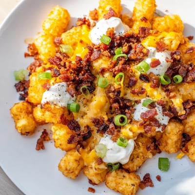 Melted cheddar and mozzarella coats each golden loaded tater tot, paired with crunchy beef bacon bits for a savory appetizer.