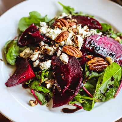 A close-up of a platter showing glistening roasted beets, toasted pecans, and tangy goat cheese, served as an elegant side salad.