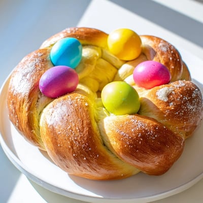 A festive Easter Bread with Colored Eggs showcases vibrant dyed eggs nestled into the tender, fluffy braided loaf.