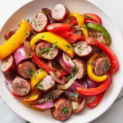 Hearty beef sausage and pepper skillet served over fluffy rice, with caramelized onions and a sprinkle of chopped parsley.