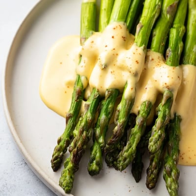 Green roasted asparagus spears drizzled with creamy Hollandaise sauce, ideal side dish for special occasions.  