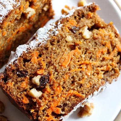 One bowl Greek yogurt carrot cake topped with powdered sugar on a plate