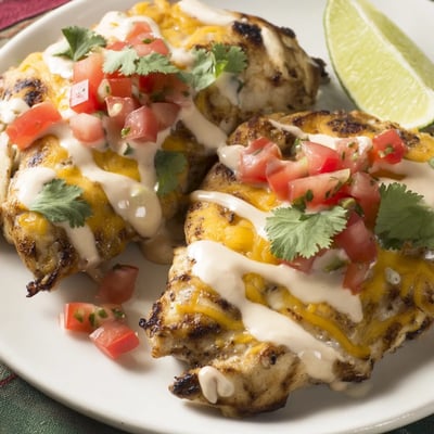 Zesty grilled Fiesta Lime Chicken drizzled with tangy white sauce and pico de gallo