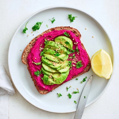 Vibrant breakfast avocado toast featuring creamy pink beet hummus spread and fresh sliced avocado