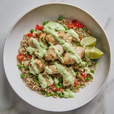 Juicy chicken thighs nestled in seasoned rice topped with creamy zesty Peruvian green sauce