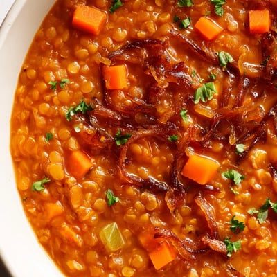 Creamy caramelized onion red lentil soup served with crusty bread and lemon wedges