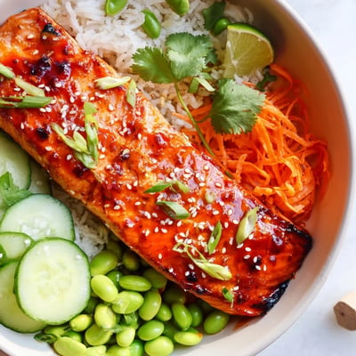 Caramelized Sriracha honey glazed salmon bowls garnished with sesame seeds, scallions, and lime