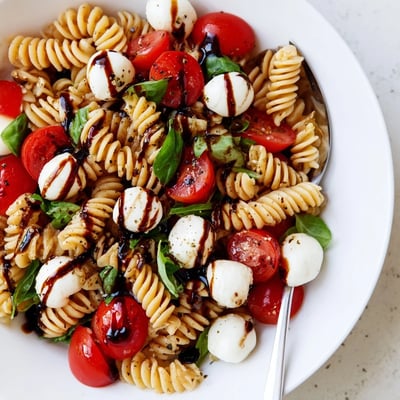 Caprese Pasta Salad tossed with cherry tomatoes, bocconcini, and a glossy balsamic glaze drizzle