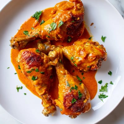 Creamy paprika chicken drumsticks nestled in a velvety orange sauce with fresh parsley garnish