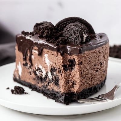 Rich chocolate Oreo cheesecake slice revealing a thick Oreo cookie crust underneath