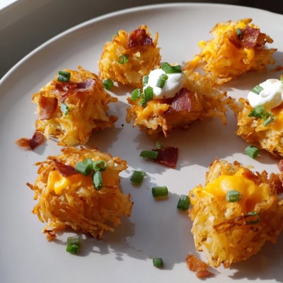 Cheesy loaded hashbrown bites fresh from the oven with melted cheddar